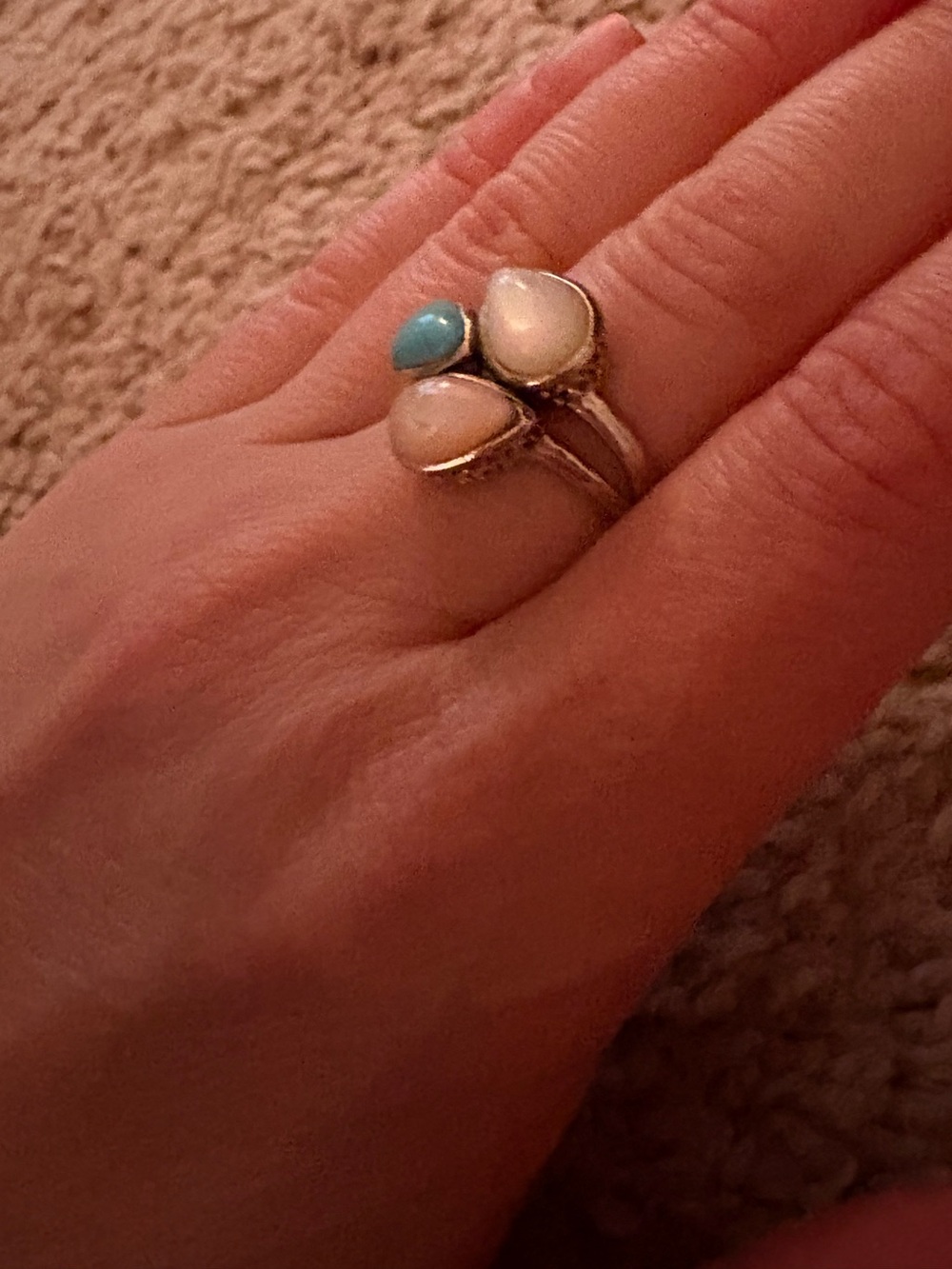 Pure 925 Sterling Silver Turquoise and White Opal Three-Stone Ring